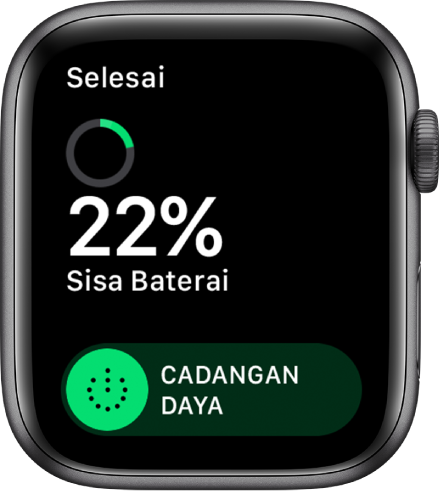 Layar Cadangan Daya menampilkan tombol Selesai di bagian kiri atas, persentase baterai tersisa, dan penggeser Cadangan Daya.