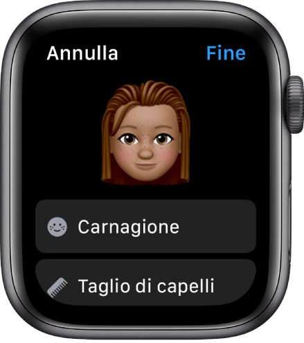 L'app Memoji su Apple Watch con un viso nella parte superiore della schermata e le opzioni per scegliere il colore della pelle e il taglio di capelli in basso.