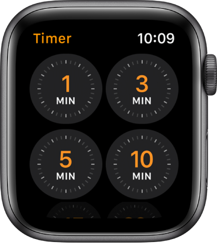 La schermata dell’app Timer, che mostra timer rapidi per 1, 3, 5 o 10 minuti.