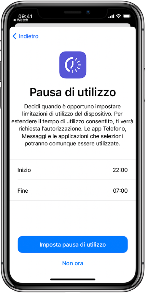 iPhone che mostra la schermata di configurazione di “Pausa di utilizzo”. Al centro dello schermo, è visibile l'opzione di scelta di inizio e fine dell'orario. I pulsanti “Imposta pausa di utilizzo” e “Non ora” sono visibili nella parte inferiore dello schermo.