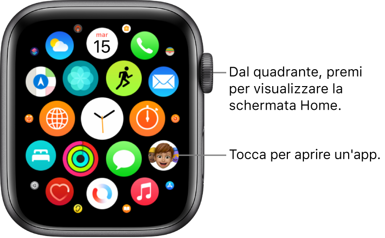 Schermata Home in vista griglia su Apple Watch, con le app raggruppate. Tocca un’app per aprirla. Scorri per visualizzare altre app.
