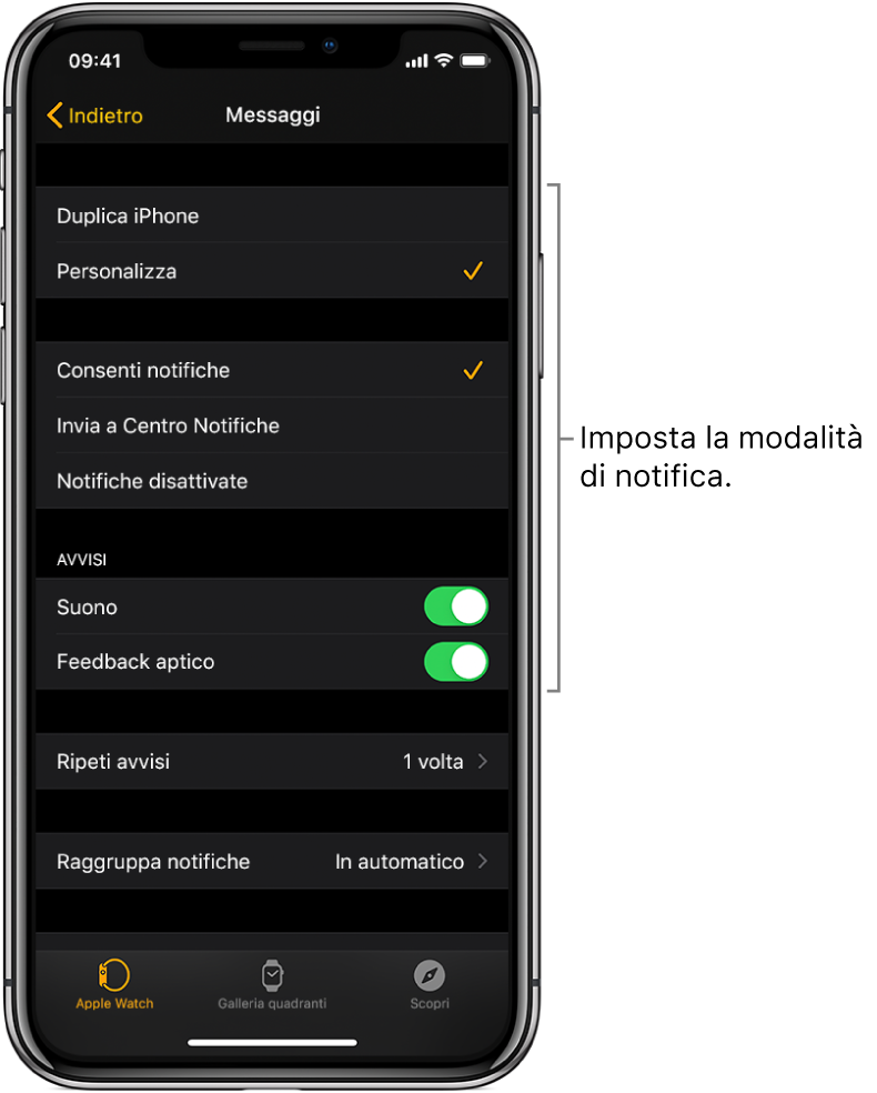 Impostazioni di Messaggi nell’app Watch su iPhone. Puoi scegliere se mostrare gli avvisi, attivare il suono e il feedback aptico e ripetere gli avvisi.