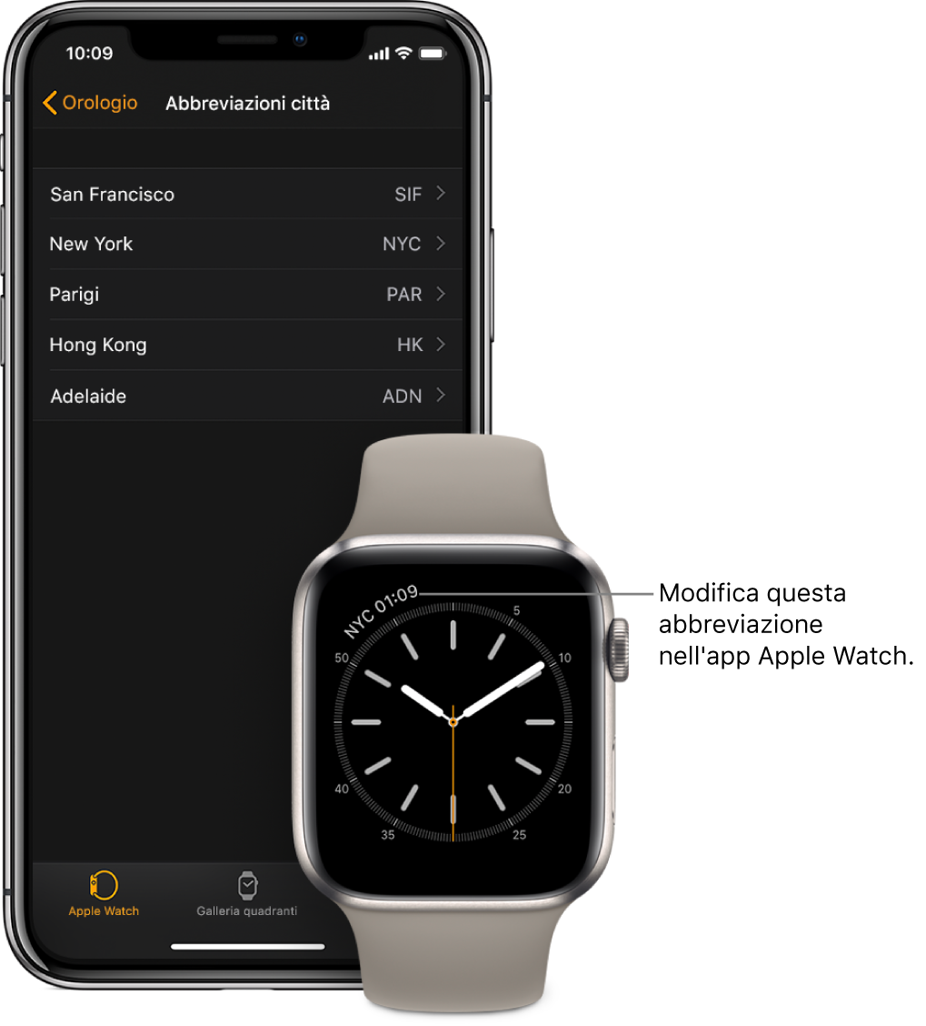 iPhone e Apple Watch, uno accanto all'altro. Lo schermo di Apple Watch mostra l'ora locale di New York City con l’abbreviazione NYC. La schermata di iPhone mostra l’elenco delle città nelle impostazioni “Abbreviazioni città”, nelle impostazioni Orologio nell’app Watch.
