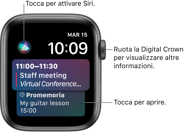 Quadrante Siri che mostra un promemoria e un evento del calendario. In alto a sinistra sullo schermo è presente un pulsante Siri. La data e l'ora si trovano in alto a destra.