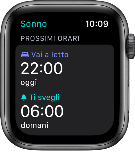 L'app Sonno su Apple Watch mostrante gli orari prestabiliti per coricarsi. L'orario per andare a letto è fissato alle 22:00, mentre quello per svegliarsi è impostato sulle 06:00.