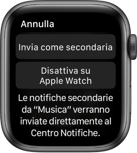 Impostazioni di notifica su Apple Watch. Il pulsante superiore con la scritta “Invia come secondaria” e il pulsante inferiore con la scritta “Disattiva su Apple Watch”.