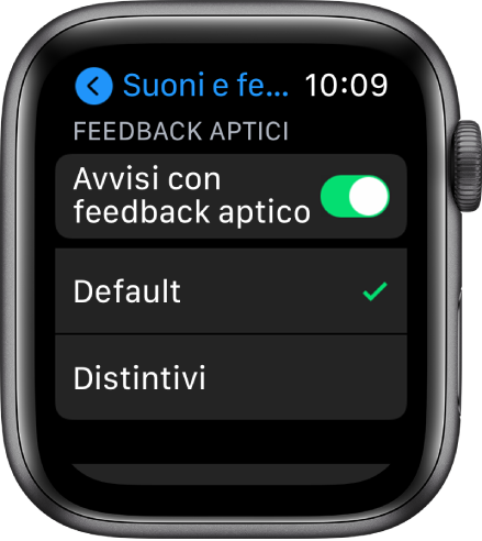 Impostazioni “Suoni e feedback aptico” su Apple Watch, con l’interruttore “Avvisi con feedback aptico” e le opzioni Default e Distintivo sotto.