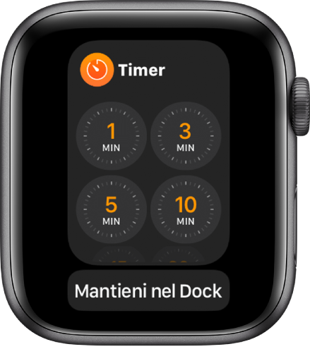 La schermata dell’app Timer nel Dock, con il pulsante “Mantieni nel Dock” sotto.