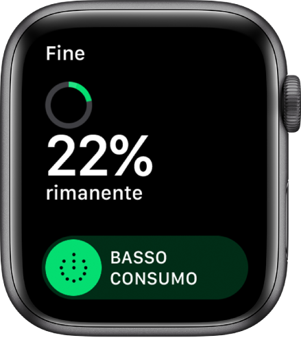 La schermata di “Basso consumo” che mostra il pulsante Fine in alto a sinistra, la percentuale di carica rimanente e il cursore “Basso consumo”.