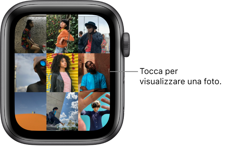 La schermata principale dell’app Foto su Apple Watch, con alcune foto visualizzate in una griglia.