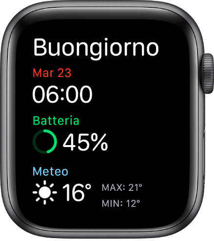 Apple Watch che mostra la schermata di risveglio. Viene mostrato il messaggio Buongiorno in alto. Sotto, sono visibili la data, l'orario, la percentuale di batteria e le condizioni meteo.