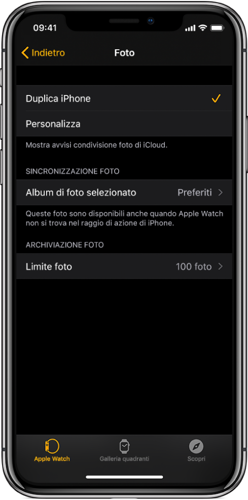 Le impostazioni di Foto nell’app Watch su iPhone, con l’impostazione di sincronizzazione delle foto al centro e l’impostazione relativa al limite di foto sotto.