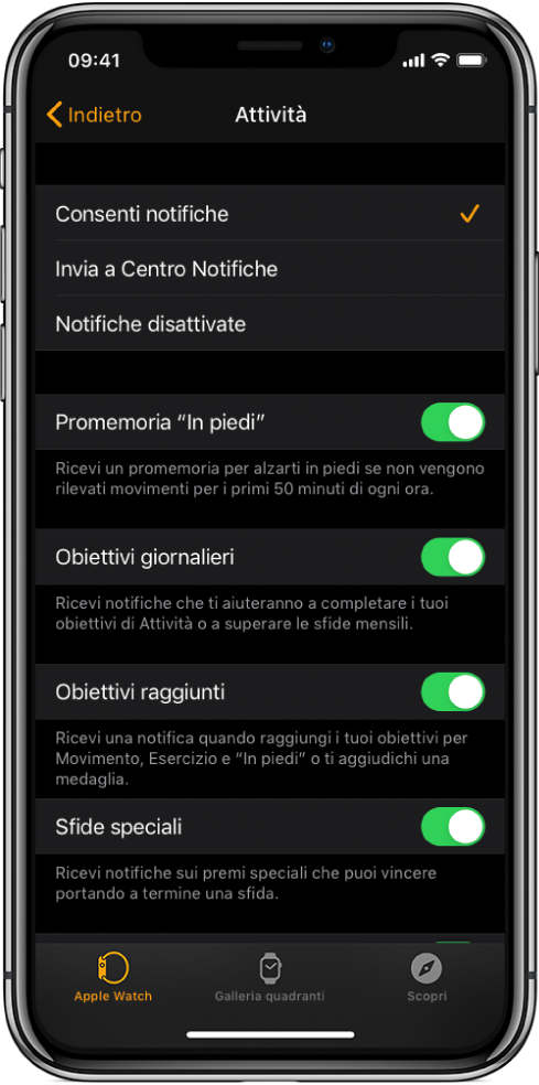La schermata di Attività nell'app Watch ti consente di personalizzare le notifiche che vuoi ricevere.