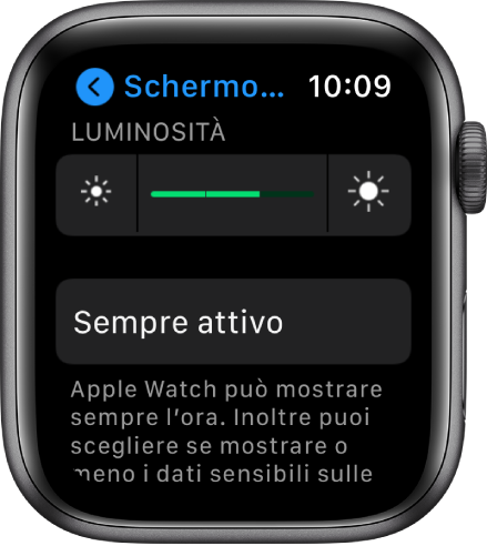 Impostazioni luminosità su Apple Watch con l’interruttore della luminosità in alto e il pulsante “Sempre attiva” in basso.