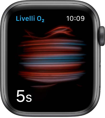 Schermata dell'app Livelli O₂ mentre viene presa una misurazione con conto alla rovescia a partire da 5.