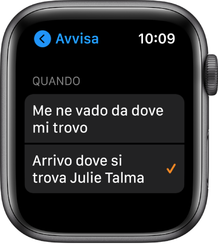 La schermata Notifiche nell'app Trova Persone. L'opzione “Quando arrivo presso Julie Talma” è selezionata.