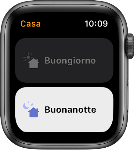 L'app Casa su Apple Watch che mostra le scene Buongiorno e Buonanotte. La scena Buonanotte è evidenziata.