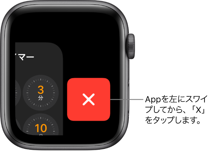 Appを左にスワイプした後のDock。右に「×」ボタンが表示されています。