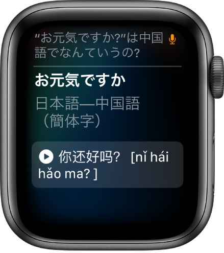 Siri画面。一番上に「「お元気ですか」は中国語で何と言うの」と表示されています。下に簡体字中国語の訳が表示されています。