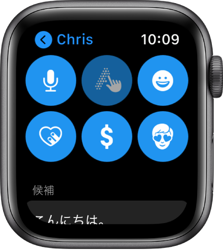 「メッセージ」画面。Apple Payボタンが「音声入力」、「スクリブル」、「絵文字」、「Digital Touch」、および「ミー文字」ボタンと共に表示されています。