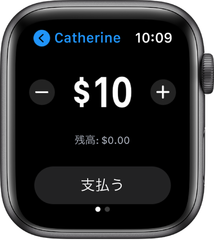 「メッセージ」画面。Apple Cashでの支払い準備ができたことを示しています。上部にドル金額、その両側に「－」ボタンと「＋」ボタンが表示されています。下に現在の残高、一番下に「支払う」ボタンがあります。