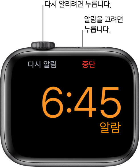 옆으로 세워진 Apple Watch에 알람이 울렸던 화면이 표시되어 있음. Digital Crown 아래에는 ‘다시 알림’이 표시되어 있음. 측면 버튼 아래에 ‘중단’이 표시되어 있음.