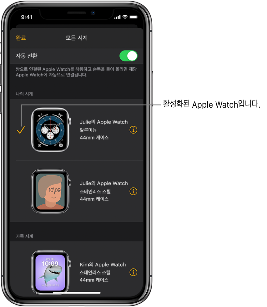 활성화된 Apple Watch에 체크 표시가 있는 Apple Watch 앱의 모든 시계 화면.