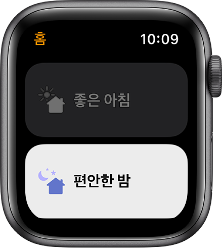 좋은 아침 및 편안한 밤이라는 두 가지 화면을 보여주는 Apple Watch의 홈 앱. 편안함 밤이 하이라이트되어 있음.