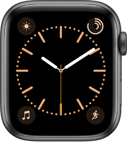컬러 시계 페이스에서 시계 페이스 색상을 조절할 수 있습니다. 네 개의 컴플리케이션: 왼쪽 상단에 날씨, 오른쪽 상단에 활동, 왼쪽 하단에 음악, 오른쪽 하단에 운동 컴플리케이션이 있음.