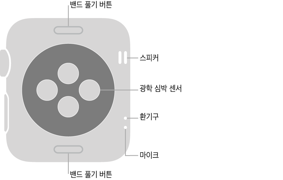 상단과 하단의 밴드 풀기 버튼, 중앙의 광학 심장 센서, 위에서부터 순서대로 측면 가까이에 배치된 스피커와 환기구와 마이크가 보이는 Apple Watch Series 3의 후면.
