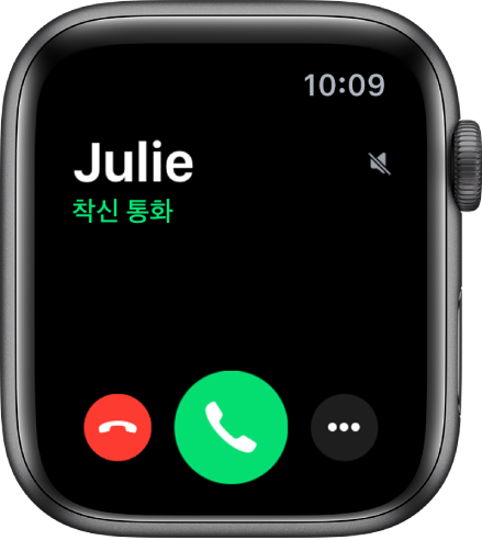 발신자의 이름, ‘착신 통화’라는 단어, 빨간색의 거절 버튼, 초록색의 응답 버튼 및 추가 옵션 버튼이 있는 전화를 받을 때의 Apple Watch 화면.
