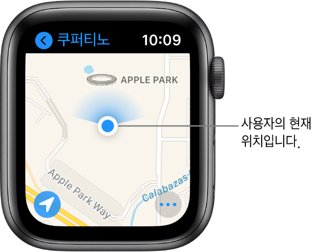 지도 앱은 지도를 표시함. 사용자의 위치는 지도에 파란색 점으로 표시됨. 파란색 팬이 위치 점 위에 있으며 시계가 북쪽을 향하고 있음을 나타냄.