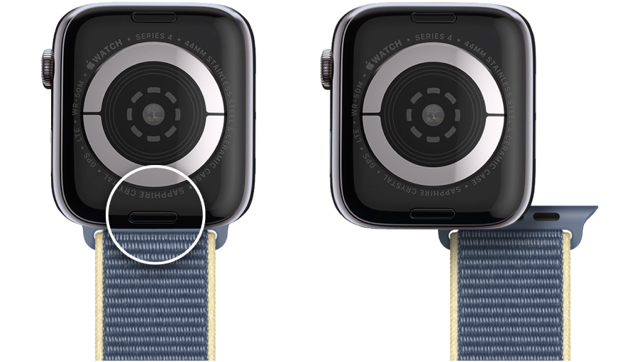 Apple Watch 이미지 두 장. 왼쪽 이미지는 밴드 풀기 버튼을 표시함. 오른쪽 이미지는 시계 밴드 일부가 밴드 슬롯에 삽입됨.