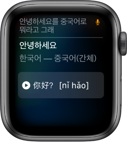 상단에 “'안녕하세요'를 중국어로 뭐라고 그래?”라는 문장이 표시된 Siri 화면. 중국어 간체 번역이 아래에 표시됨.