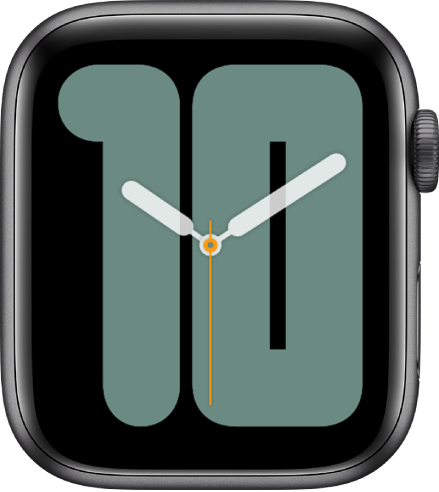 Laikrodžio ciferblatas „Numerals Mono“, kuriame virš didelio skaičiaus rodomos analoginės rodyklės ir data.