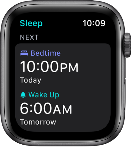 „Apple Watch“ programos „Sleep“ ekranas, kuriame rodomas nakties miego tvarkaraštis. Gulimo metas nustatytas 22.00 val., o žadintuvas – 6.00 val.