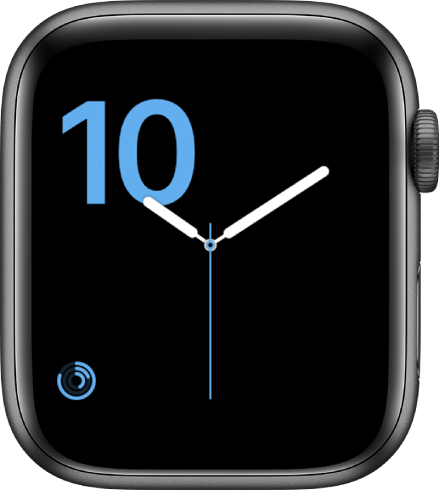 Laikrodžio ciferblate „Numerals“ rodomas dailiu mėlynos spalvos šriftu pateiktas valandų rodinys, o apačioje kairėje – „Activity“ valdiklis.