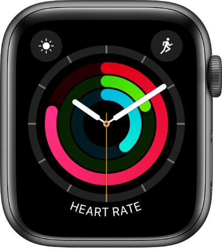 Laikrodžio ciferblatas „Activity Analog“, kuriame rodomi laikas ir „Move“, „Exercise“ bei „Stand“ tikslų siekimo rezultatai. Taip pat įtraukti trys valdikliai: viršuje kairėje pateiktas „Weather Conditions“ valdiklis, viršuje dešinėje pateiktas „Workout“ valdiklis, o apačioje – „Heart Rate“ valdiklis.
