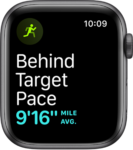 „Workout“ ekranas, kuriame nurodoma, kad bėgate lėčiau nei tikslinis greitis.