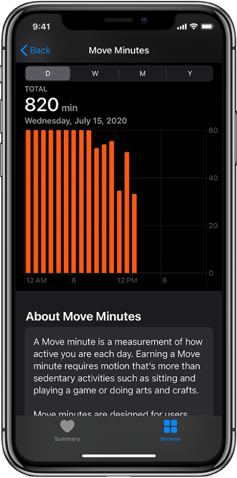 „iPhone“, kuriame rodoma „Move Minutes“ ataskaita. Apačioje yra skirtukai „Summary“ ir „Browse“; pasirinktas skirtukas „Browse“.