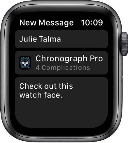 „Apple Watch“ ekranas, kuriame rodomas laikrodžio ciferblato bendrinimo pranešimas. Gavėjo vardas rodomas viršuje, žemiau jo – laikrodžio ciferblato pavadinimas, o po juo – pranešimo tekstas: „Check out this watch face“.