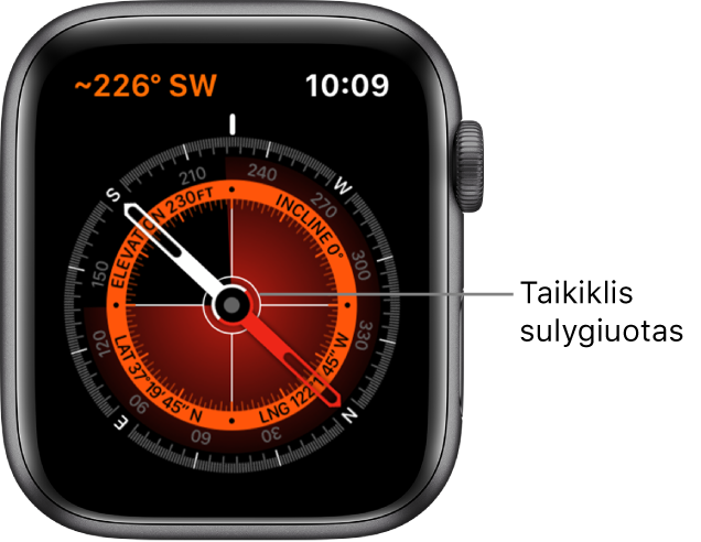 Kompasas yra „Apple Watch“ ciferblate. Viršuje kairėje yra rodoma orientacija. Vidinis apskritimas rodo pakilimą, pasvirimą, platumą ir ilgumą. Balti kryželiai nurodo šiaurę, pietus, rytus ir vakarus.