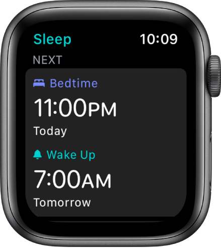 „Sleep“ ekranas, kuriame rodomas vakaro miego grafikas. Viršuje esanti „Bedtime“ funkcija nustatyta 23.00 val. Apačioje nustatytas pabudimo laikas 7.00 val.