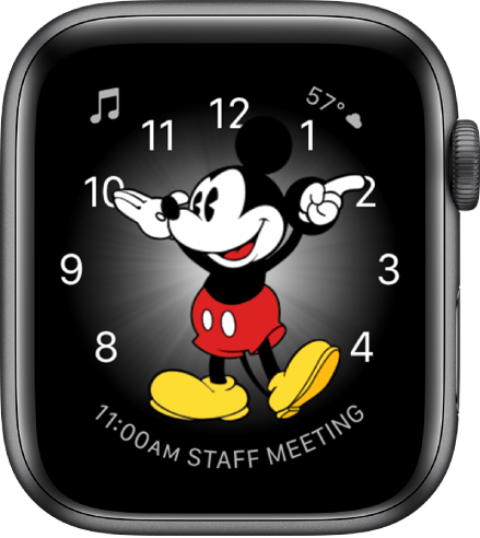 Laikrodžio ciferblatas „Mickey Mouse“, į kurį galite įtraukti daug valdiklių.