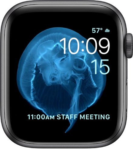 Laikrodžio ciferblate „Motion“ rodoma medūza. Galite pasirinkti judantį objektą ir įtraukti kelis valdiklius.