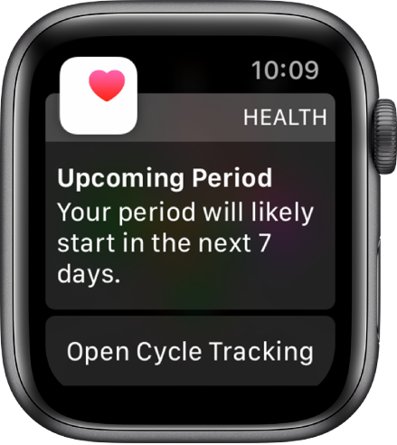 „Apple Watch“ su mėnesinių prognozės ekranu, kuriame rodomas pranešimas „Netrukus prasidės mėnesinės. Tikėtina mėnesinių pradžia per 7 dienas“. Apačioje rodomas programos „Cycle Tracking“ atidarymo mygtukas.
