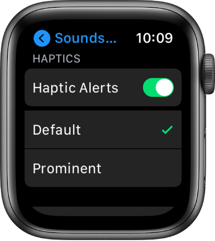 „Sounds & Haptics“ nustatymai laikrodyje „Apple Watch“, „Haptic Alerts“ jungiklis ir po juo pateiktos parinktys „Default“ bei „Prominent“.