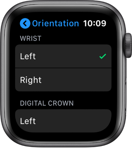 „Apple Watch“ orientacijos ekranas. Galite nustatyti norimas riešo ir „Digital Crown“ parinktis.