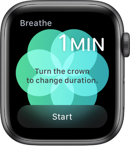 Programos „Breathe“ ekranas: viršuje dešinėje rodoma vienos minutės trukmė, o apačioje – mygtukas „Start“.