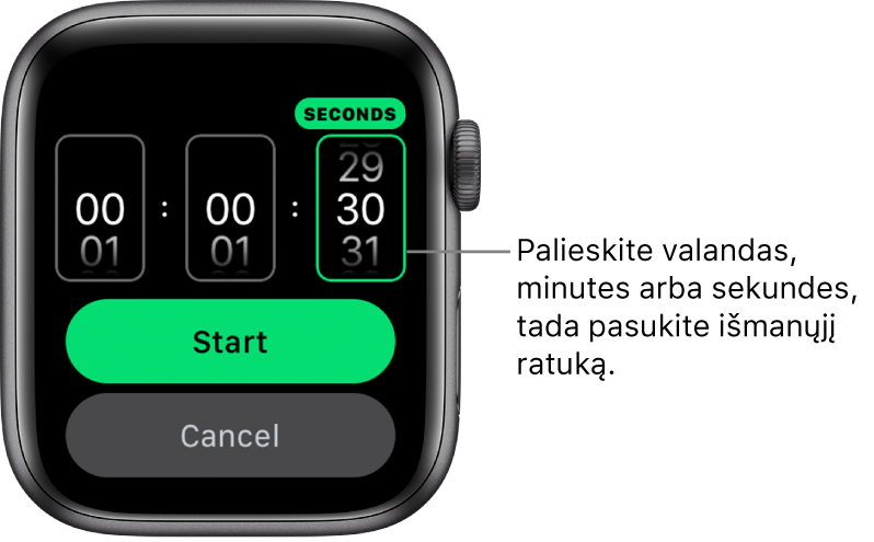 Pasirinktinio laikmačio kūrimo nustatymai: kairėje rodomos valandos, viduryje – minutės, o dešinėje – sekundės. Toliau rodomi „Start“ ir „Cancel“ mygtukai.
